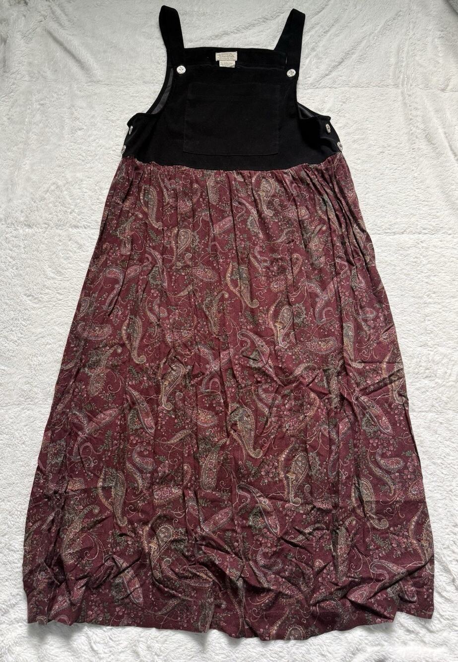 Vtg St John’s Bay Women’s Plus Overall Maxi Dress Black Red Paisley Sz 16 Hippie